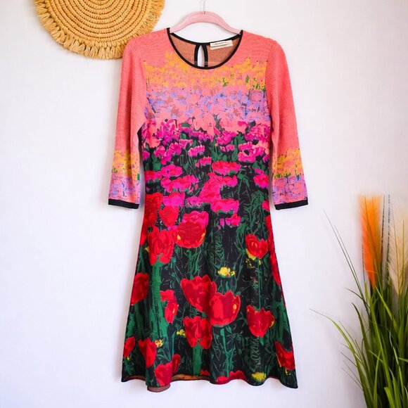 Anthropologie Aldomartins Lisse Floral 3/4 Sleeve Fit & Flare Dress SZ Medium - Picture 9 of 10